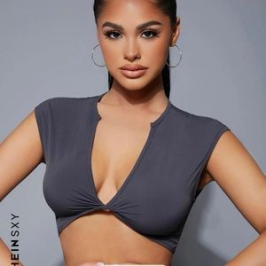 SHEIN SXY Plunging neck twist front tee in dark gray. Size 2 (XS). Worn once